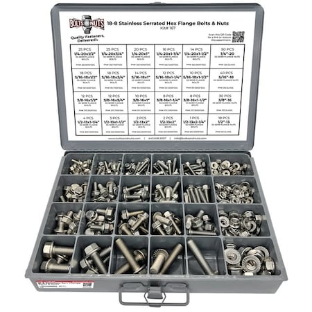 Boltsandnuts.Com Inch Stainless Steel Serrated Hex Flange Bolts & Lock Nuts Assortment - 371 PCS Assortment Kit #167